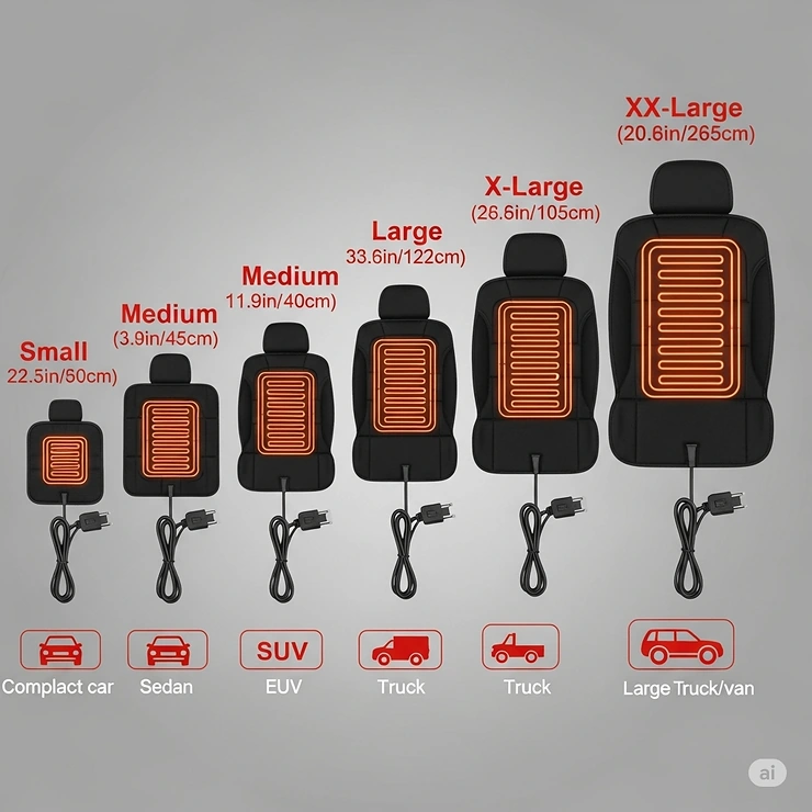 An image comparing various sizes of car heated seat pads, suitable for different types of vehicles from trucks to sedans.