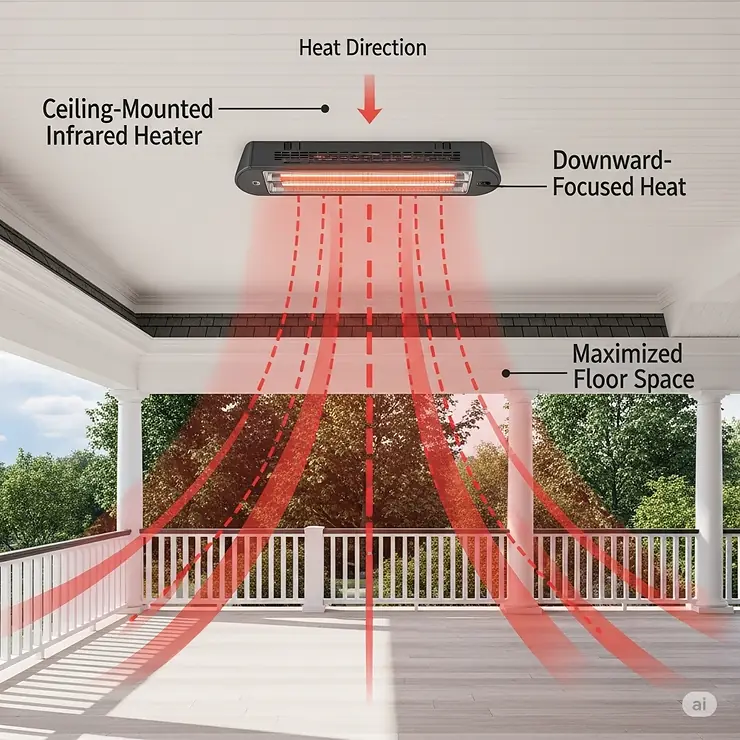 A diagram illustrating a ceiling-mounted infrared heater, showcasing its ability to provide downward-focused heat without taking up floor space on a covered porch.