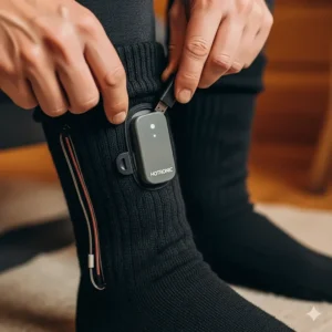 A user plugs in the batteries for their Hotronic heated socks, highlighting the easy recharging process.