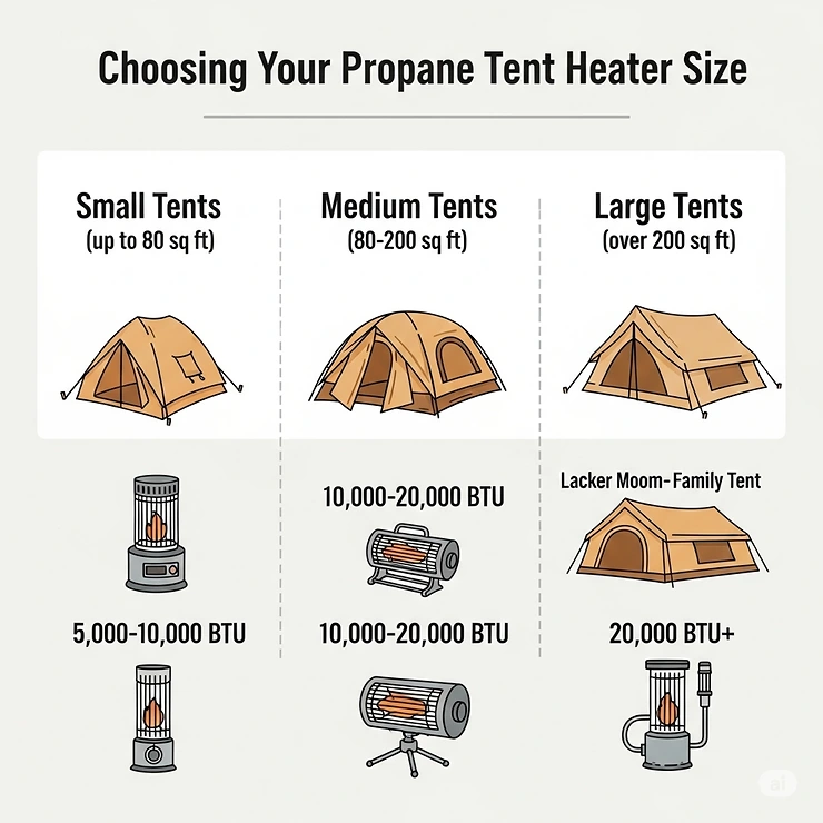 A graphic illustrating how to choose the right size propane tent heater for different tent dimensions, with icons representing small, medium, and large tents.