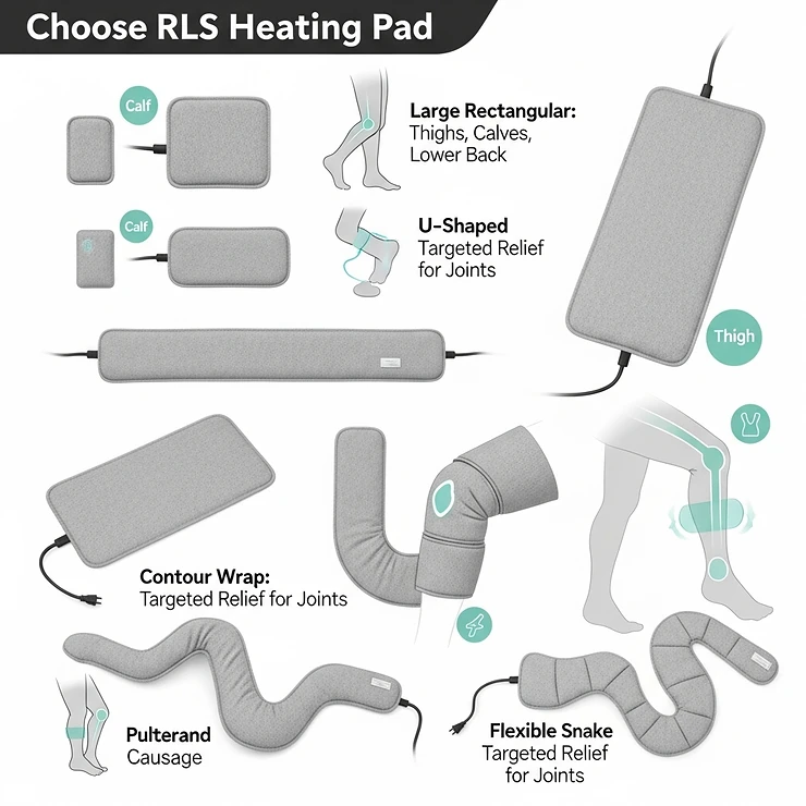 A guide showing different shapes and sizes of heating pads, helping users choose the best one for their specific RLS needs.
