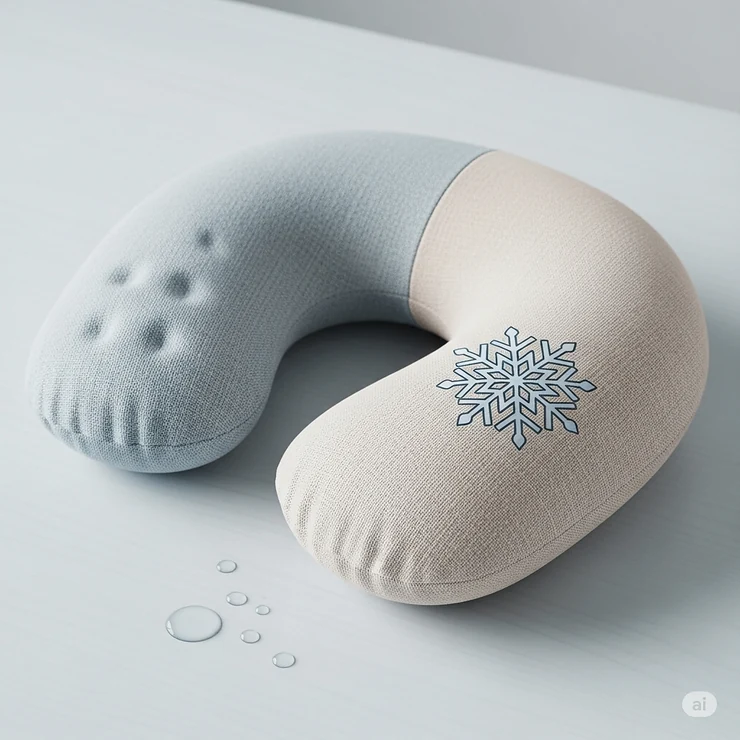An image of a neck heat pillow with a snowflake icon, illustrating its dual-purpose use as a cold pack for inflammation.