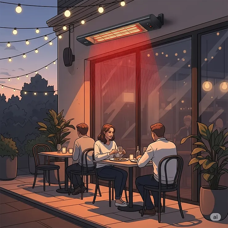 An illustration of an infrared patio heater used in a commercial restaurant setting, extending the usability of an outdoor dining area during cooler months.