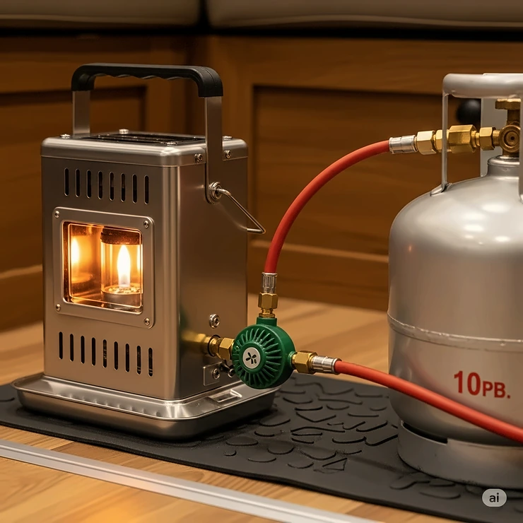 An illustration showing the proper steps for connecting a small propane tank to a portable camper heater using the correct regulator and hose.