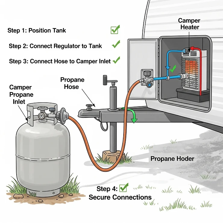 A diagram showing the simple and safe process of connecting a propane tank to a camper heater.