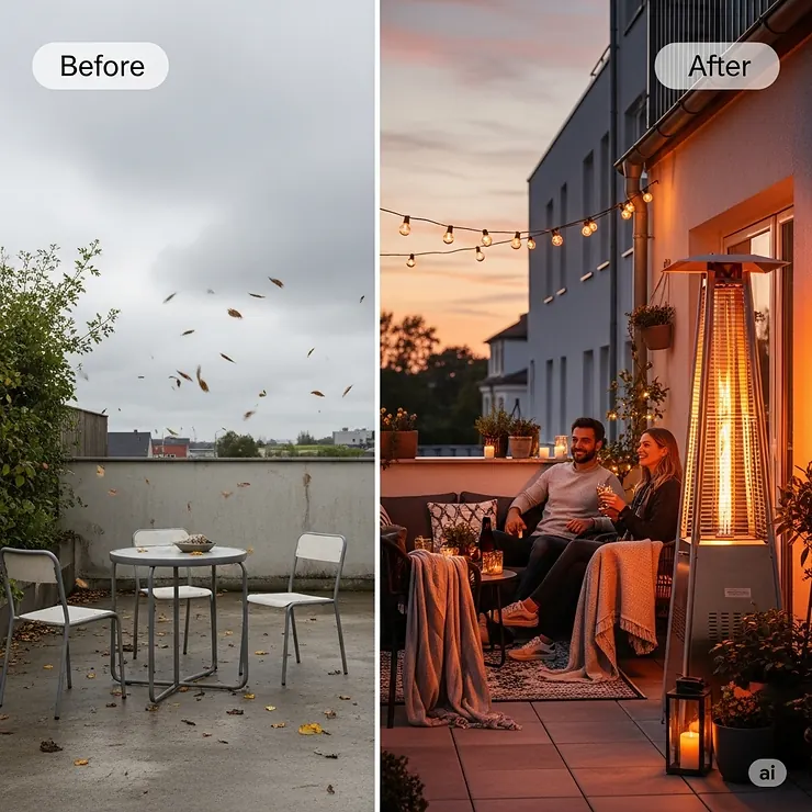 A "before and after" scene showing how a patio transforms from a chilly, empty space to a warm, inviting oasis with the addition of a powerful electric patio heater.
