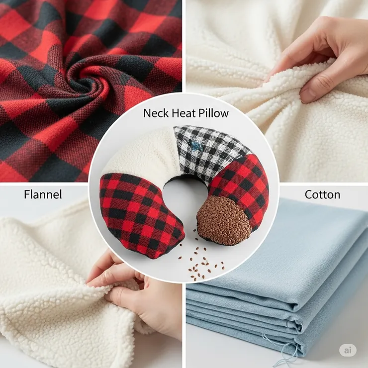A collage showcasing various soft fabrics like flannel, fleece, and cotton used to make a heat pillow for the neck.