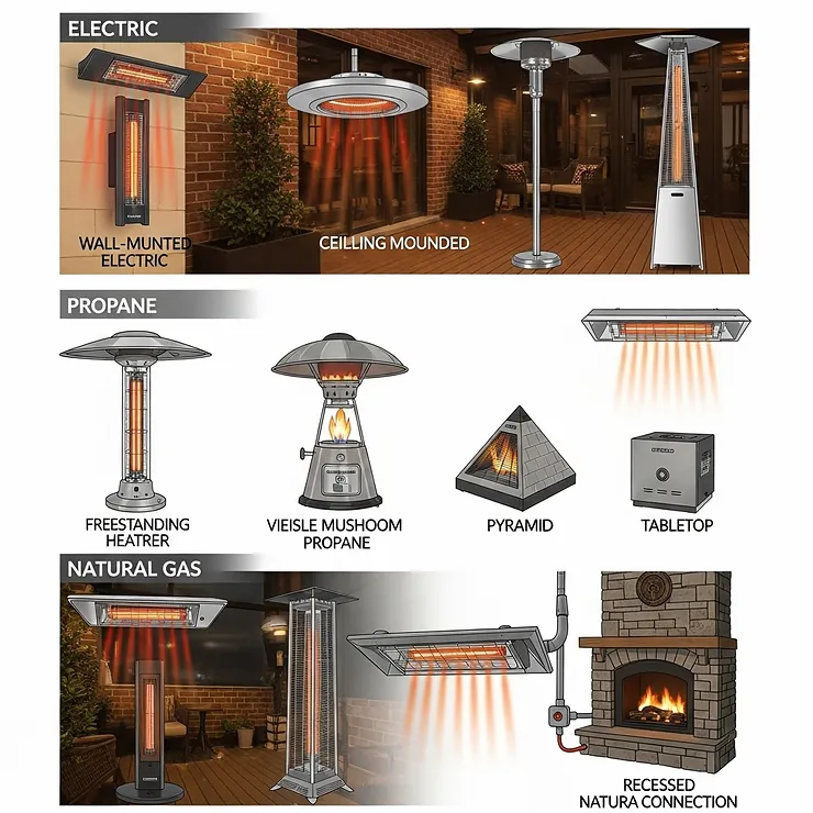 An illustration showcasing the various types and styles of infrared patio heaters, including electric, propane, and natural gas models, to help consumers choose the right one.