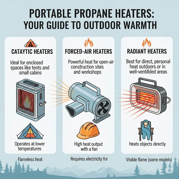An infographic displaying various types of portable propane heaters, including catalytic, forced-air, and radiant models, suitable for different outdoor uses.