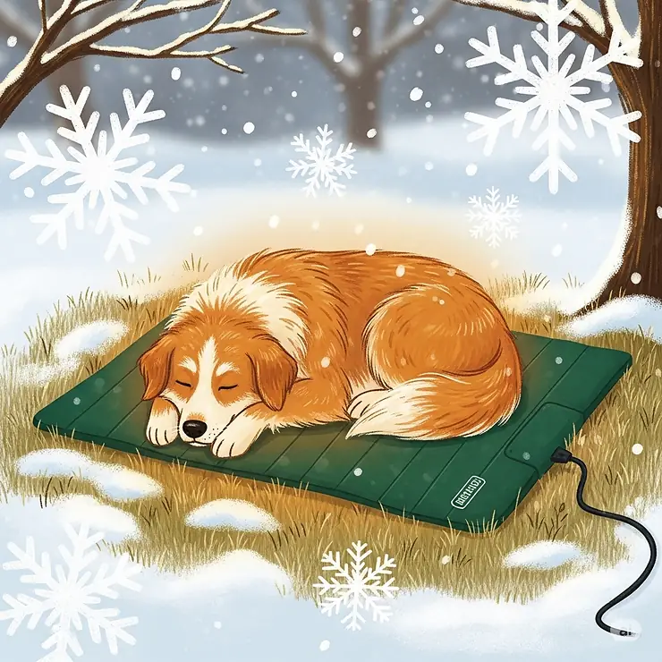An illustration of a dog sleeping soundly on a waterproof outdoor heating pad, with snowflakes gently falling around it, highlighting its use in cold weather.