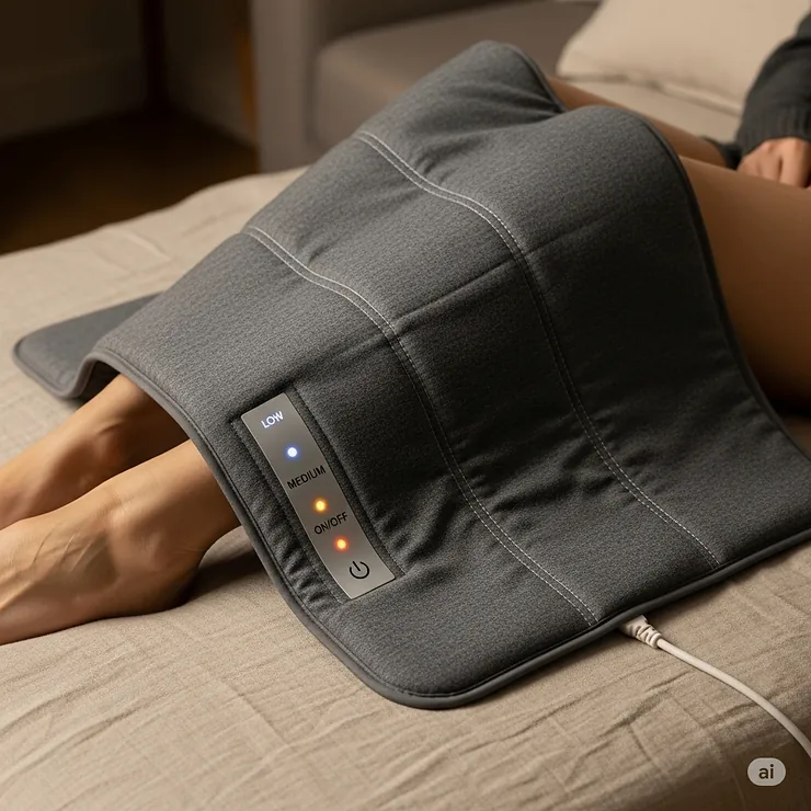 An image showcasing a modern electric heating pad with different heat settings, designed for targeted pain relief and comfort for RLS sufferers.