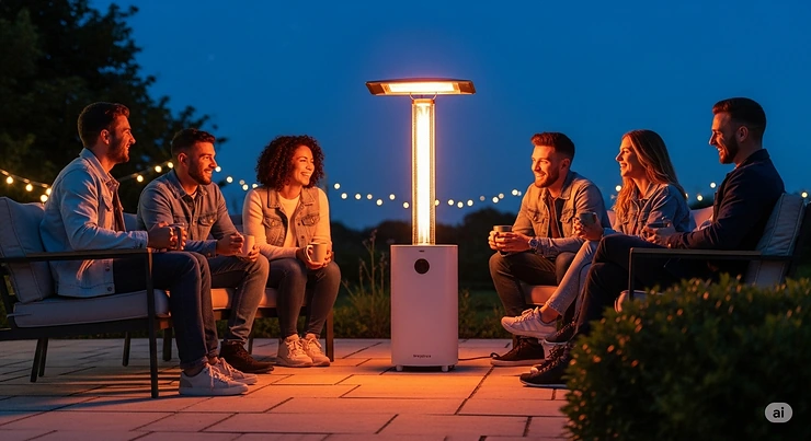 A group of friends comfortably gathered around a powerful electric patio heater on a cool evening, enjoying the warm glow.