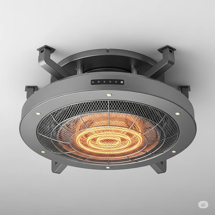 A detailed illustration showing a top-down view of a high-quality, ceiling-mounted electric patio heater.