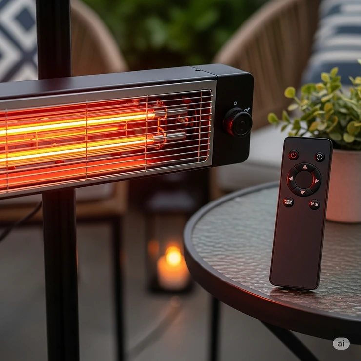 A close-up shot of an electric patio heater with a remote control, highlighting the convenience and ease of use. best outdoor patio heaters electric