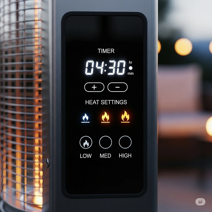 A control panel of an electric patio heater, clearly showing the timer and heat settings, to highlight its user-friendly features.