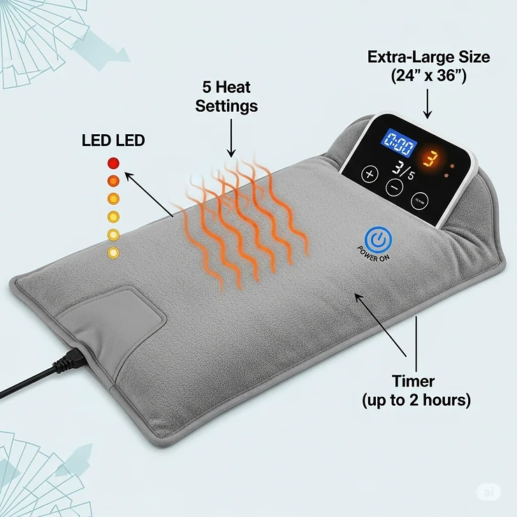 A diagram illustrating the key features of an extra-large heating pad, including multiple heat settings and a timer.