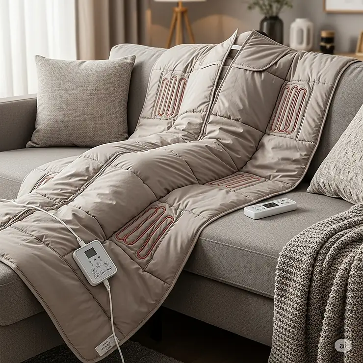 An extra-large heating pad, designed for full-body coverage, is shown on a couch, perfect for soothing back and neck pain.