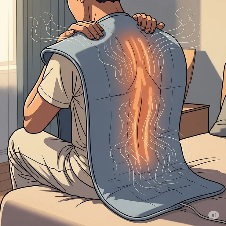 An illustration of a person using an extra-large heating pad on their back to find relief from muscle soreness and tension.