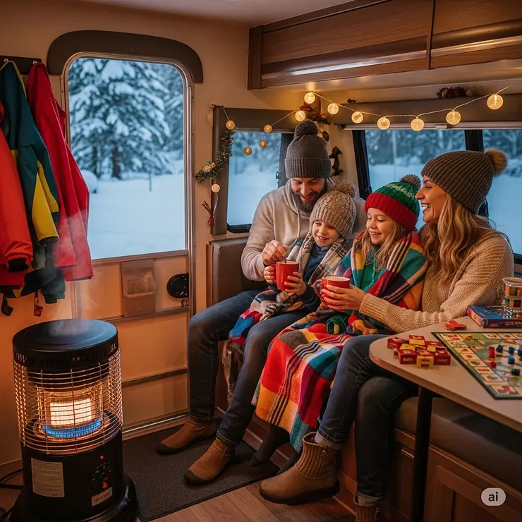 A happy family enjoying a winter camping trip, staying warm and comfortable thanks to their propane camper heater.