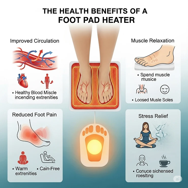 An infographic illustrating the health benefits of a foot pad heater, such as improved circulation and reduced foot pain.