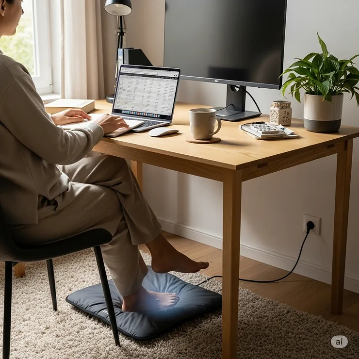 A person working at a desk with a foot warmer pad placed underneath, highlighting its use in an office or home office setting.