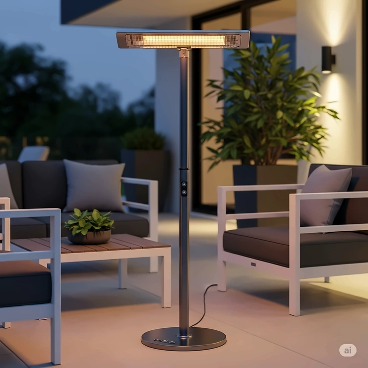 A modern, freestanding electric patio heater with a stylish design, ideal for a contemporary outdoor space.