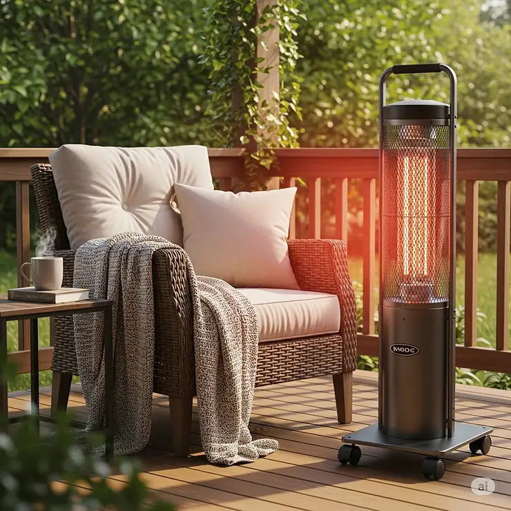 A visual of a portable, freestanding infrared porch heater positioned next to a comfortable outdoor chair, emphasizing its versatility and mobility.