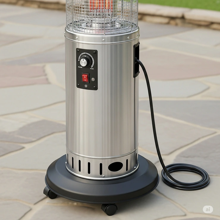 A detailed illustration of a portable, freestanding infrared patio heater, highlighting its sturdy base and mobility for use in various outdoor areas.