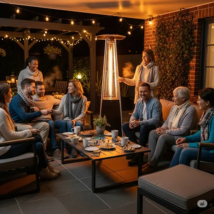 A group of friends and family gathered comfortably on a patio, enjoying a gathering on a chilly night thanks to the warm glow of a natural gas outdoor heater.