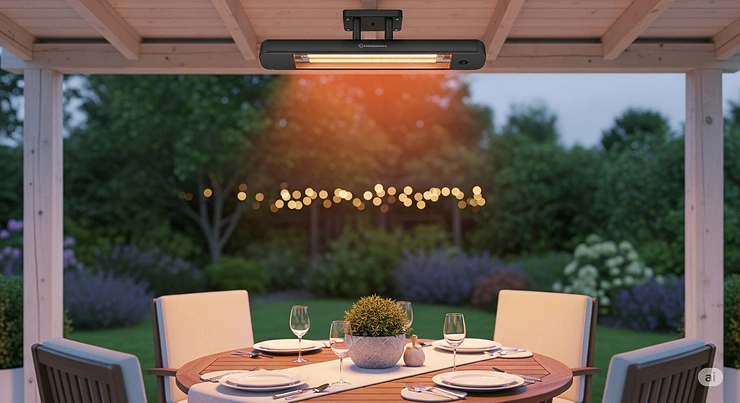 An elegant, ceiling-mounted electric patio heater suspended over an outdoor dining table, creating a cozy ambiance.