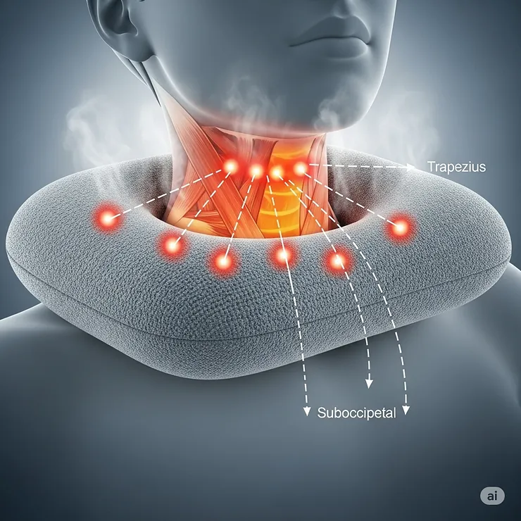 A graphic showing a heat pillow wrapped around the base of the neck, targeting pressure points to help ease tension headaches.
