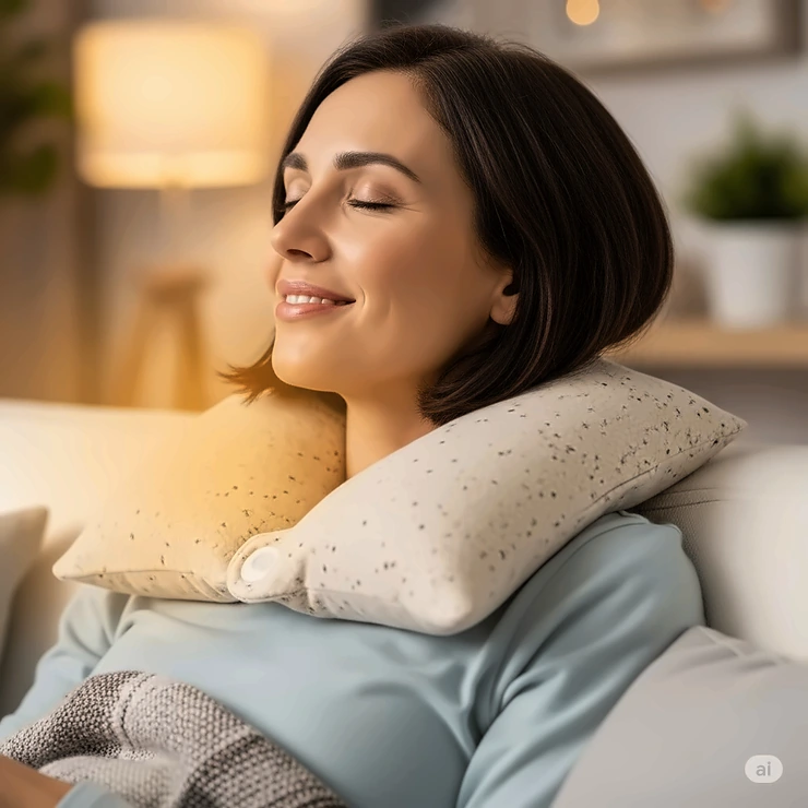 A woman relaxing with a soft, microwaveable heat pillow draped around her neck, smiling as she experiences muscle tension relief.