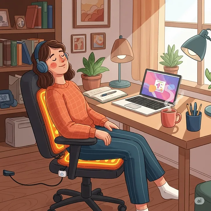 An illustration of a person sitting at a home office desk, using a heated chair pad to relieve back discomfort while working, promoting better posture and productivity.