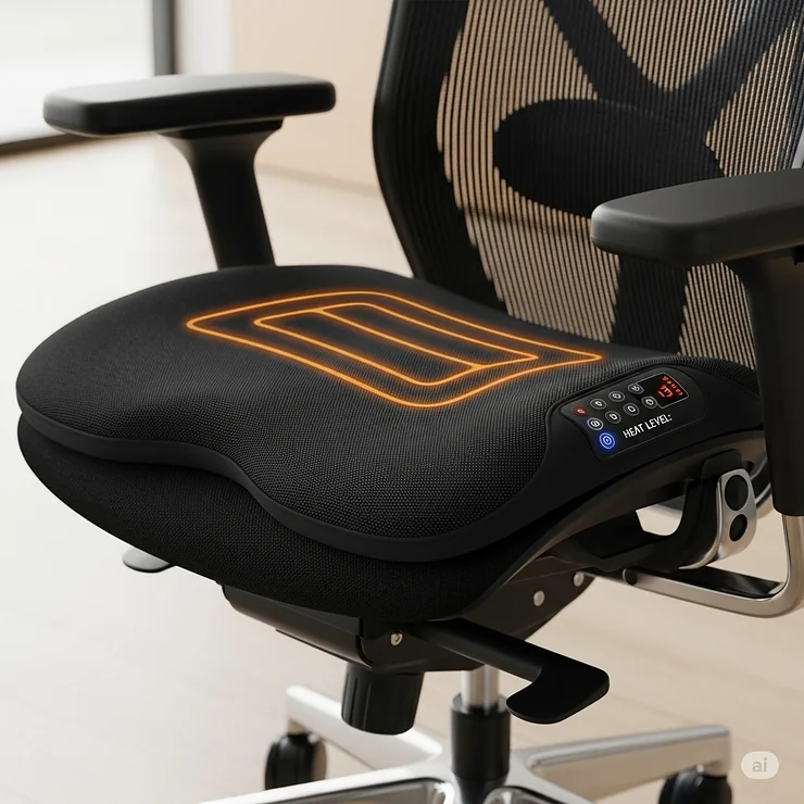 A close-up shot of a black heated chair pad placed on a modern office chair, showcasing its comfortable fabric and highlighting its integrated remote control. The image suggests a cozy and productive work-from-home setup.