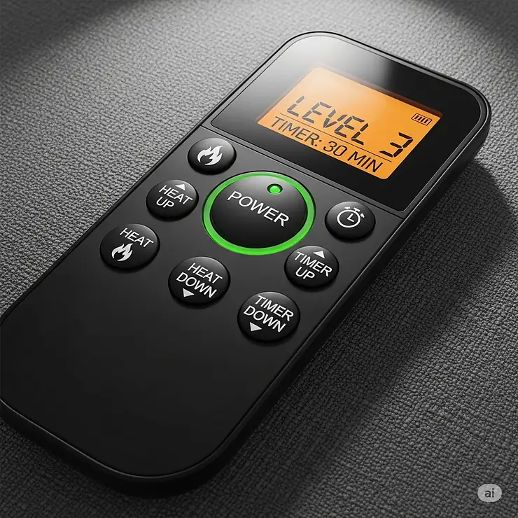 A detailed illustration of a heated chair pad's remote control, featuring clear buttons for adjusting heat levels and setting a timer, showcasing the product's user-friendly features.