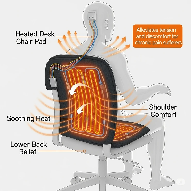 A graphic demonstrating how a heated desk chair pad provides soothing heat to alleviate tension and discomfort in the lower back and shoulders for users with chronic pain.