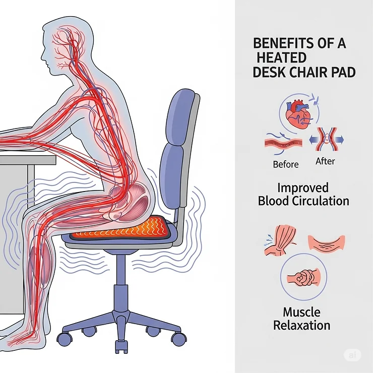 An illustration showing improved blood circulation and muscle relaxation as a benefit of using a heated desk chair pad during long hours of sitting.