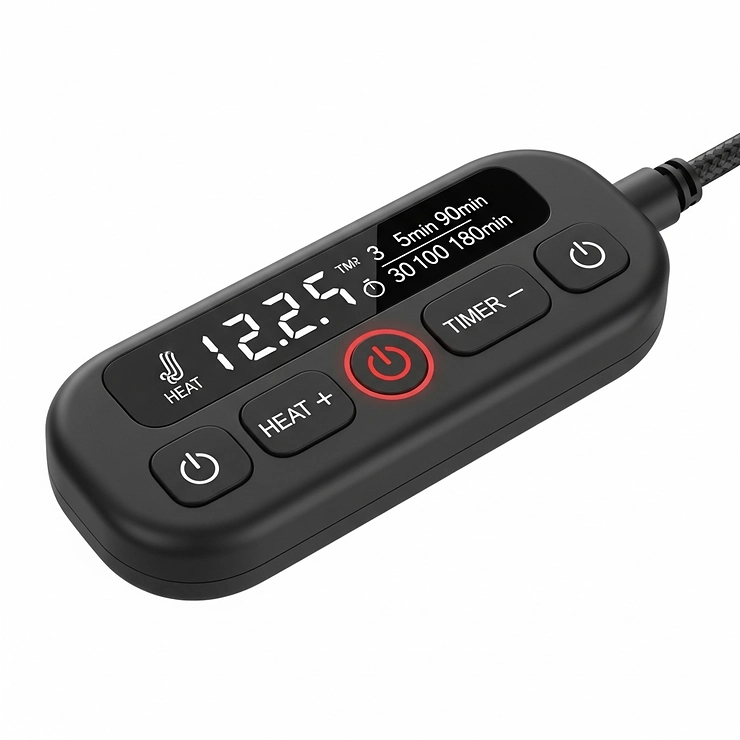 A detailed close-up illustration of the remote or in-line controller for a heated desk chair pad, with buttons for adjusting the heat levels and timer settings.