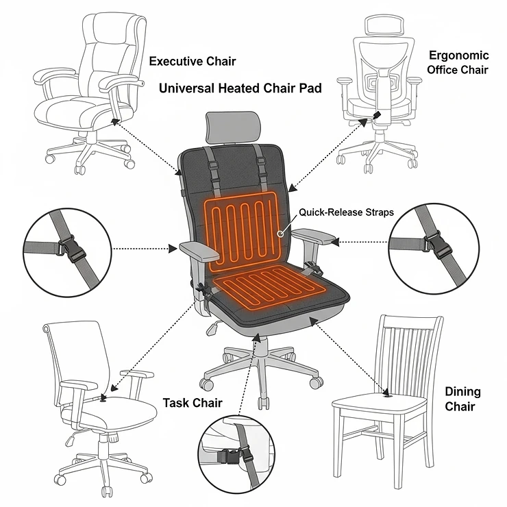 A diagram showing how a universal heated desk chair pad can be easily secured to various chair types, from executive office chairs to simple task chairs.