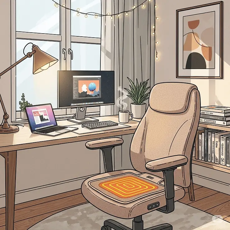 A stylish illustration of a home office setup featuring a comfortable desk chair with a heated pad, creating a cozy and productive work environment.