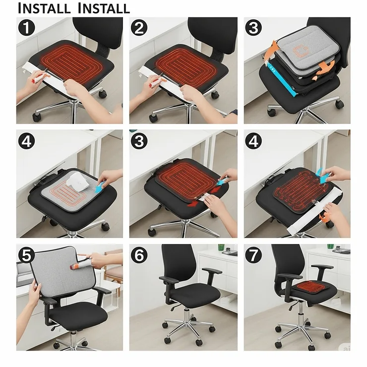 A simple, step-by-step illustration guiding users on how to easily install and secure a heated desk chair pad onto their existing office chair.