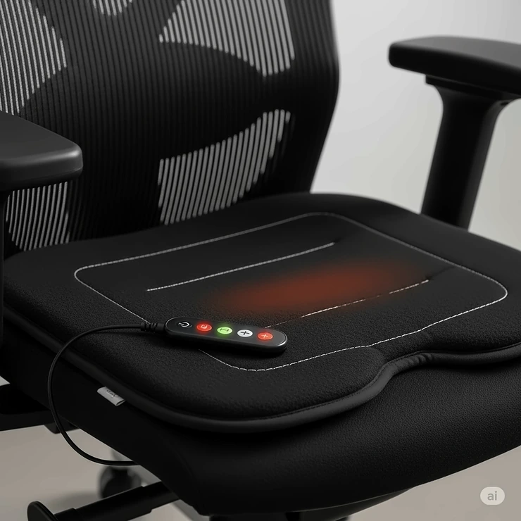 A close-up shot of a black heated desk chair pad on a modern ergonomic office chair, showing the controller and soft, comfortable material.