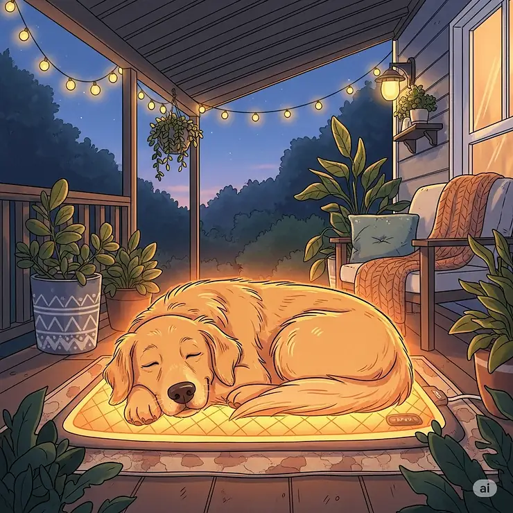 An illustration of a happy dog curled up on a heated pad on a covered patio, showing how the product provides warmth for pets in outdoor spaces like porches.