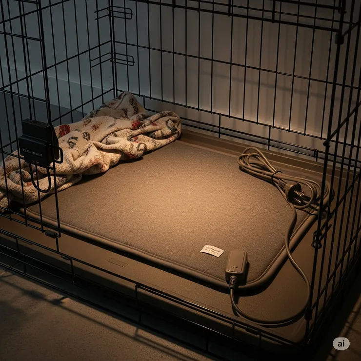 A durable heated dog pad placed inside a dog kennel, demonstrating its use for outdoor or cold-weather shelter.