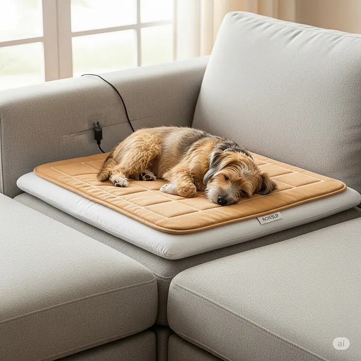 A non-slip heated dog pad placed on a couch, showing how it protects furniture and provides a warm spot for pets indoors.