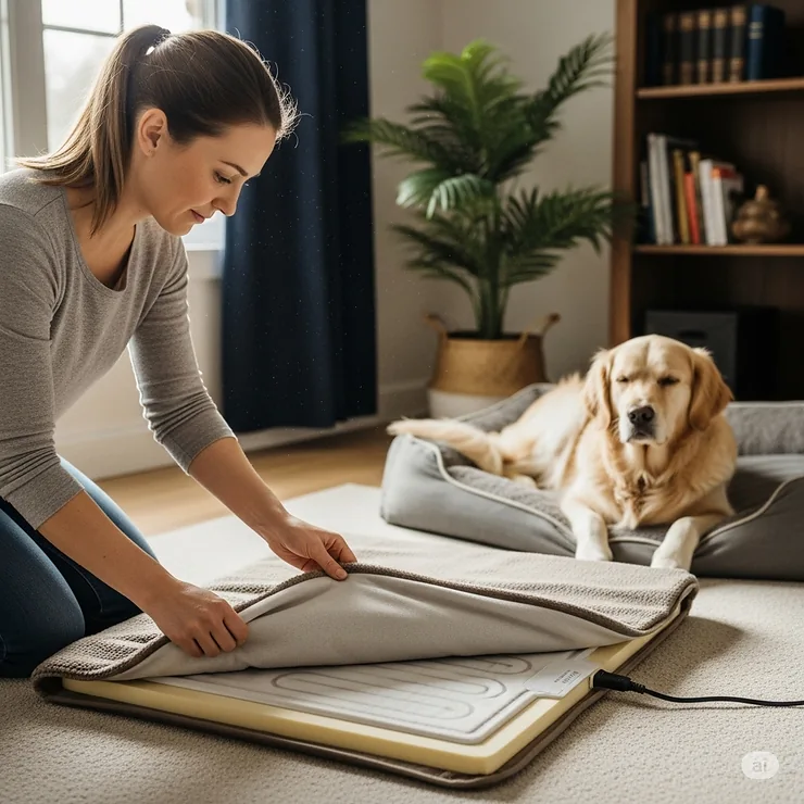 A pet owner removing a machine-washable cover from a heated dog pad, emphasizing the convenience and easy cleaning of the product.