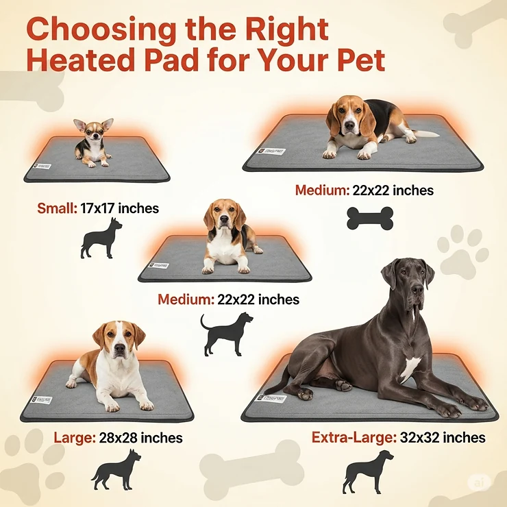 A visual guide to the various sizes of heated dog pads available, helping customers choose the right one for their pet's size.