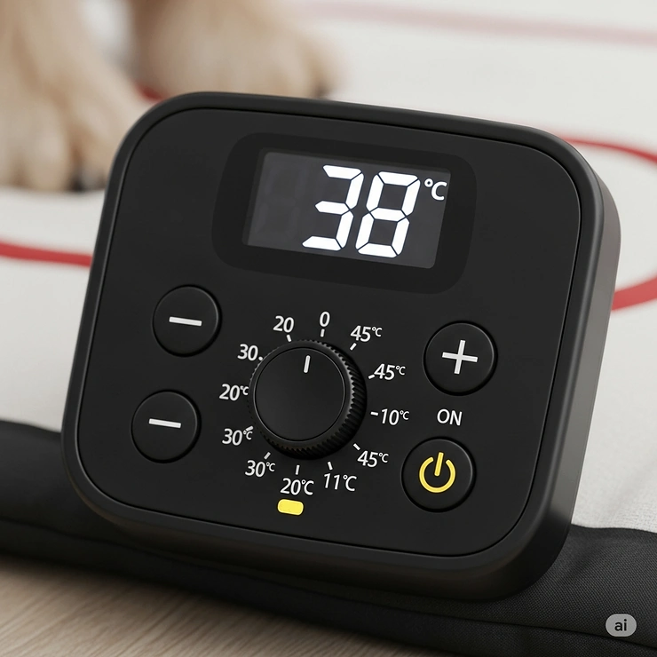 Close-up of the easy-to-use temperature control unit for a heated dog pad, highlighting customizable warmth settings.