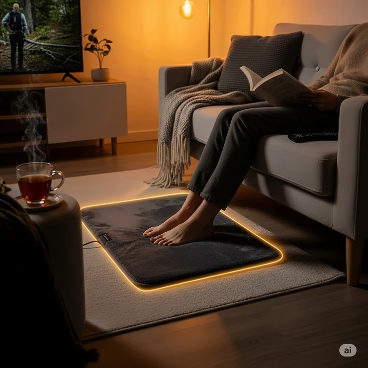 A heated foot mat positioned in front of a sofa, emphasizing how it provides warmth and relaxation while watching TV or reading.