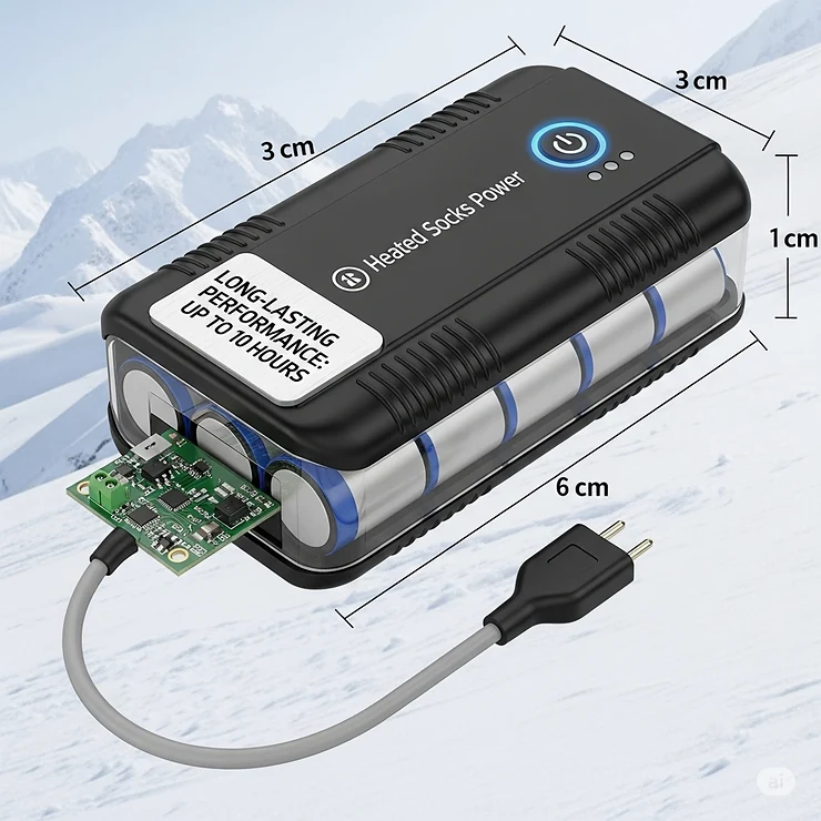 A detailed illustration of a compact, high-capacity lithium-ion battery pack used to power the best heated socks for skiing, highlighting its long-lasting performance.